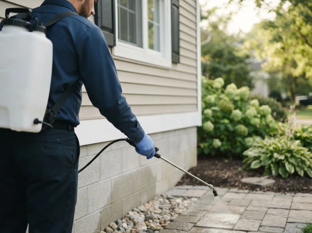 Pest control technician inspecting a home in Addyston, OH